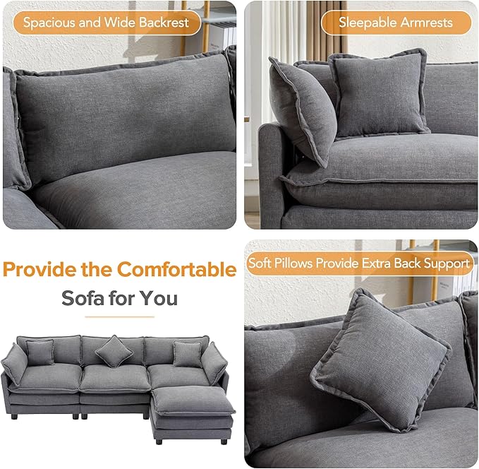 112.2" L-Shape Chenille Upholstered Sofa, Modern Luxury Couch with Movable Ottoman adn 5 Pillows, for Living Room, Apartment, 112.2 Inch, Gray - LeafyLoom