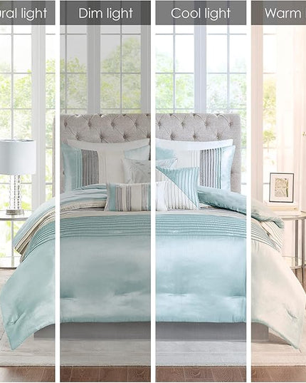Madison Park Amherst Faux Silk Comforter Set-Casual Contemporary Design All Season Down Alternative Bedding, Matching Shams, Bedskirt, Decorative Pillows, King(104"x92"), Aqua, 7 Piece (MP10-2980) - LeafyLoom