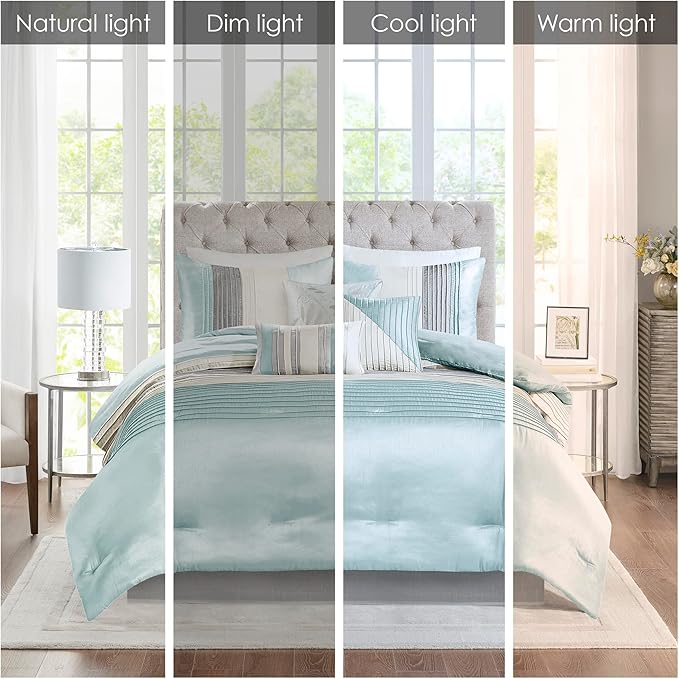 Madison Park Amherst Faux Silk Comforter Set-Casual Contemporary Design All Season Down Alternative Bedding, Matching Shams, Bedskirt, Decorative Pillows, King(104"x92"), Aqua, 7 Piece (MP10-2980) - LeafyLoom