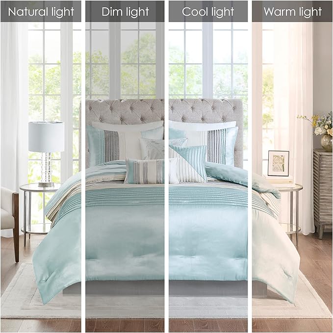 Madison Park Amherst Faux Silk Comforter Set-Casual Contemporary Design All Season Down Alternative Bedding, Matching Shams, Bedskirt, Decorative Pillows, Queen(90"x90"), Aqua, 7 Piece, MP10-2979 - LeafyLoom