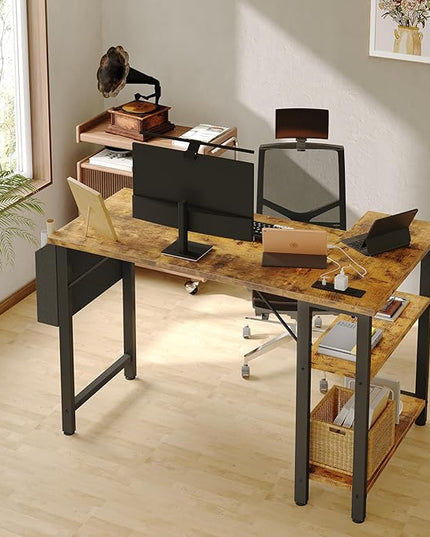 Small L Shaped Desk with Power Outlet Shelves, 40 Inch Corner Desk for Small Space Home Office, Study Work Computer Desks with Charging Station, Rustic Brown - LeafyLoom