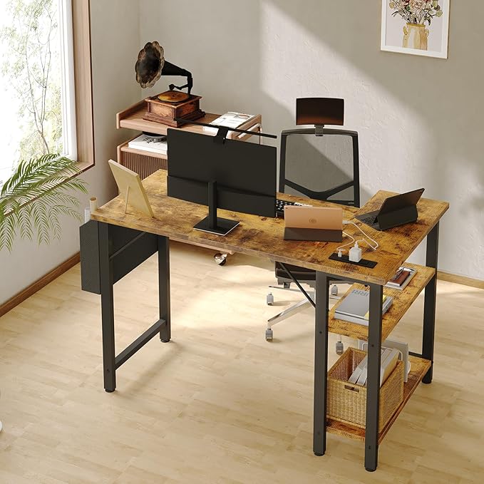 Small L Shaped Desk with Power Outlet Shelves, 40 Inch Corner Desk for Small Space Home Office, Study Work Computer Desks with Charging Station, Rustic Brown - LeafyLoom