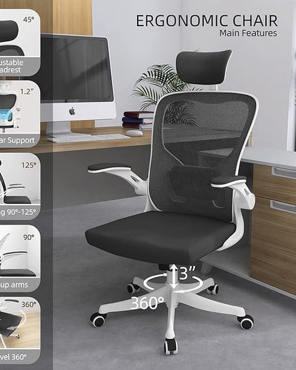 Office Chair, Ergonomic Office Chair with Lumbar Support & 3D Headrest & Flip Up Arms Home Office Desk Chairs Rockable High Back Swivel Computer Chair White Frame Black Mesh Study Chair - LeafyLoom