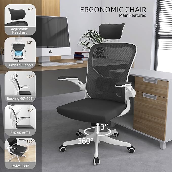 Office Chair, Ergonomic Office Chair with Lumbar Support & 3D Headrest & Flip Up Arms Home Office Desk Chairs Rockable High Back Swivel Computer Chair White Frame Black Mesh Study Chair - LeafyLoom