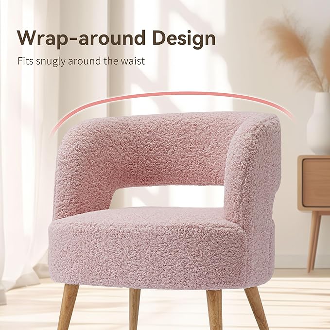 Accent Chair with Ottoman Teddy Fleece Upholstered Armchair Mid-Century Modern Comfortable Chairs and Ottoman Set with Wooden Legs for Living Room, Bedroom(Rose Pink) - LeafyLoom