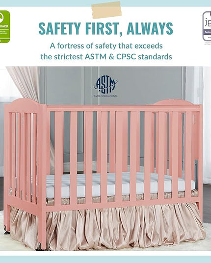 2-in-1 Portable Folding Stationary Side Crib in Dusty Pink, Greenguard Gold Certified, Two Adjustable Mattress Height Positions,Made of Solid Pinewood, Flat Folding Crib - LeafyLoom