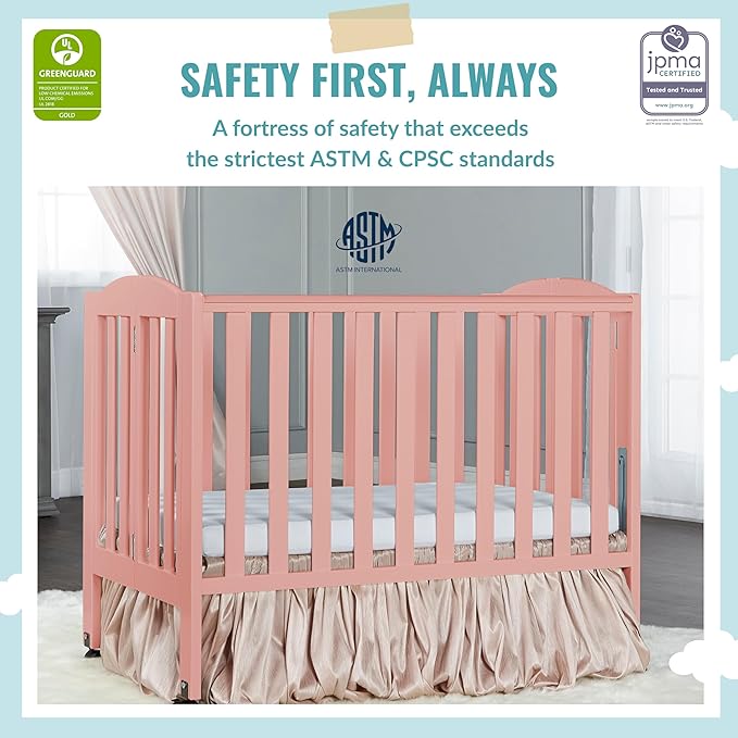 2-in-1 Portable Folding Stationary Side Crib in Dusty Pink, Greenguard Gold Certified, Two Adjustable Mattress Height Positions,Made of Solid Pinewood, Flat Folding Crib - LeafyLoom
