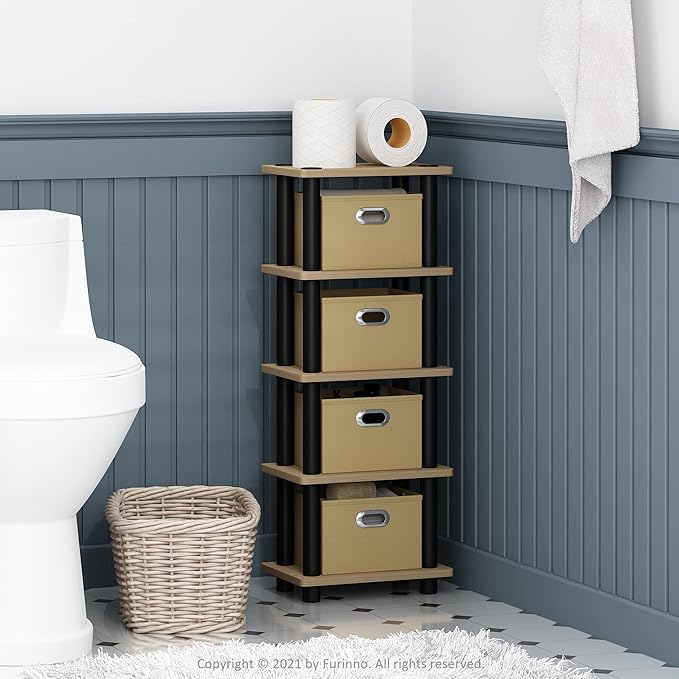 FURINNO LAci 4-Bins System Rack, Oak/Black/Light Brown - LeafyLoom