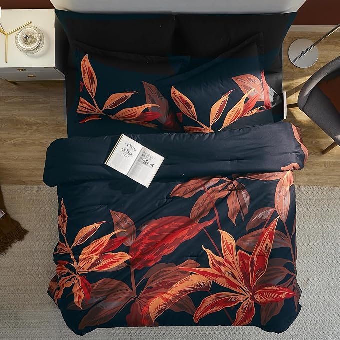 WRENSONGE Twin Comforter Set, 5 Pieces Black Red Floral Comforter Set with Sheets, Red Leaf Bedding Set, Twin Bed in a Bag, Soft Breathable Microfiber for All Seasons - LeafyLoom