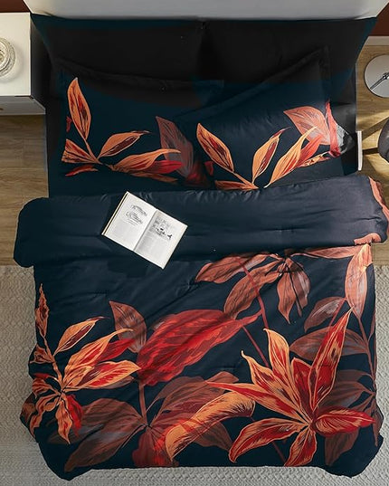 WRENSONGE King Size Comforter Set, 7 Pieces Black Red Floral Comforter Set with Sheets for King Size Bed, Red Leaf Pattern King Bedding Set, Soft Breathable Bed in a Bag King for All Seasons - LeafyLoom