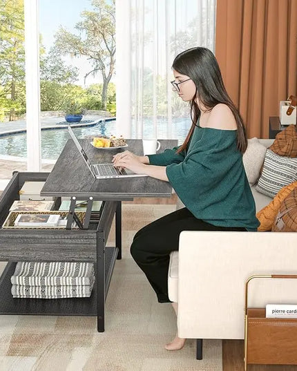Homieasy Lift Top Coffee Table with Storage Shelf and Hidden Compartment, Modern Lift Top Table for Living Room, Wood Lift Tabletop, Metal Frame - Black Oak - LeafyLoom