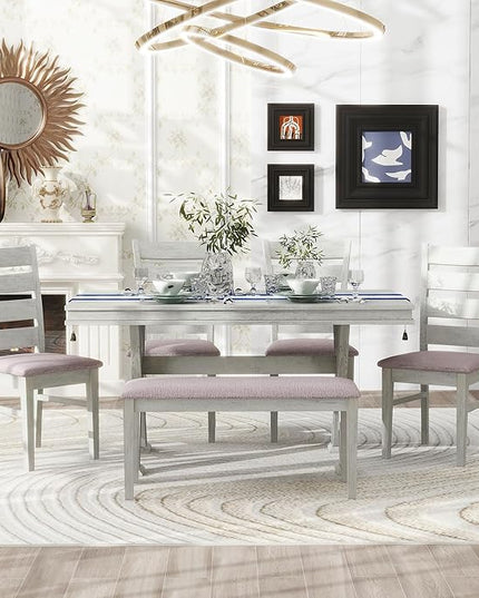 Retro 59" L Rectangular Unique Legs and 4 Upholstered Chairs & 1 Bench, Rubber Wood, Easy Assembly, for Kitchen, Room, 6 Piece Dining Table Set, White 28 - LeafyLoom