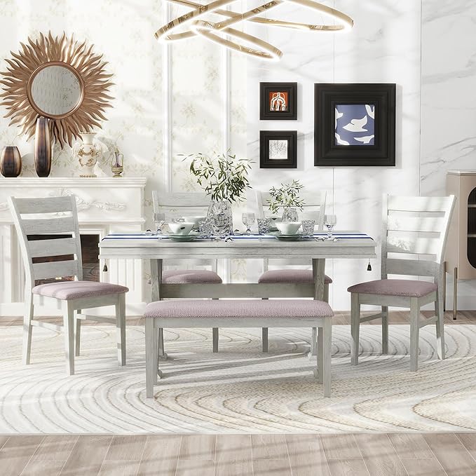 Retro 59" L Rectangular Unique Legs and 4 Upholstered Chairs & 1 Bench, Rubber Wood, Easy Assembly, for Kitchen, Room, 6 Piece Dining Table Set, White 28 - LeafyLoom