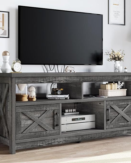 YITAHOME Mid Century Modern TV Stand for 65 inch with Power Outlet, Entertainment Center Table with Storage Cabinets and Open Shelves, Farmhouse TV Media Console for Living Room, Dark Grey - LeafyLoom
