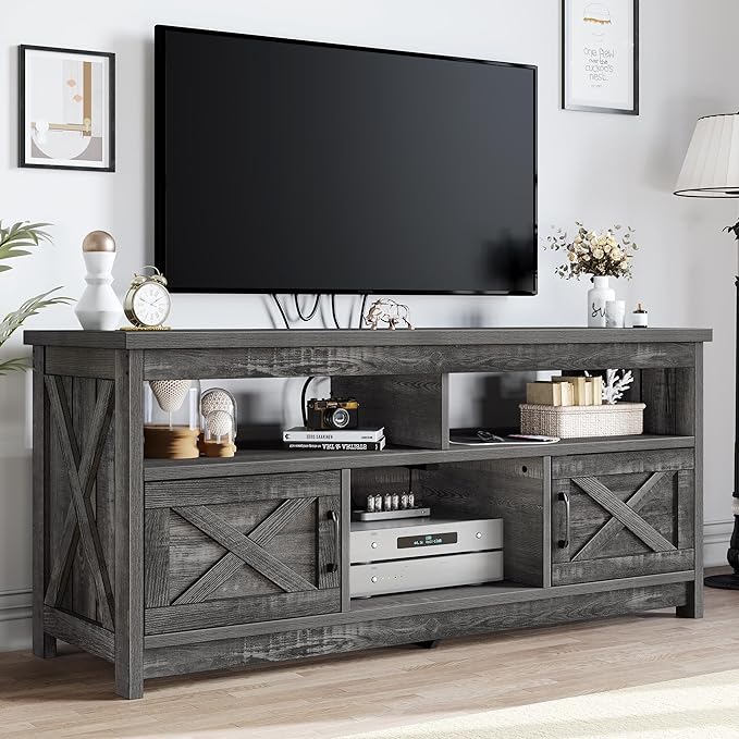 YITAHOME Mid Century Modern TV Stand for 65 inch with Power Outlet, Entertainment Center Table with Storage Cabinets and Open Shelves, Farmhouse TV Media Console for Living Room, Dark Grey - LeafyLoom
