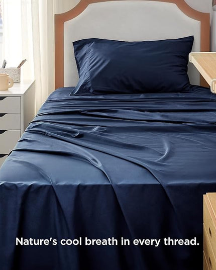 Bedsure Twin XL Sheet Set Dorm Bedding, Cooling Sheets Twin Extra Long Sheets, Rayon Derived from Bamboo, Deep Pocket Up to 16", Hotel Luxury Silky Bedding Sheets & Pillowcases, Navy - LeafyLoom