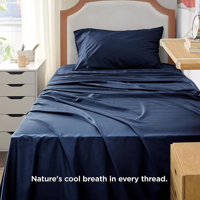 Bedsure Twin XL Sheet Set Dorm Bedding, Cooling Sheets Twin Extra Long Sheets, Rayon Derived from Bamboo, Deep Pocket Up to 16", Hotel Luxury Silky Bedding Sheets & Pillowcases, Navy - LeafyLoom