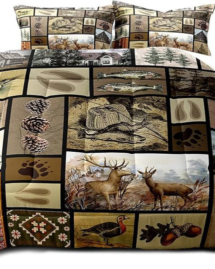 LUVIVIHOME 3PCS Rustic Lodge Comforter Set Full Size, Fish Bear Deer Cabin Bedding Set for Men, Forest Animals Elk Moose Duck Wildlife Hunting Fishing Farmhouse Country Patchwork Quilt, 2 Pillow Shams - LeafyLoom
