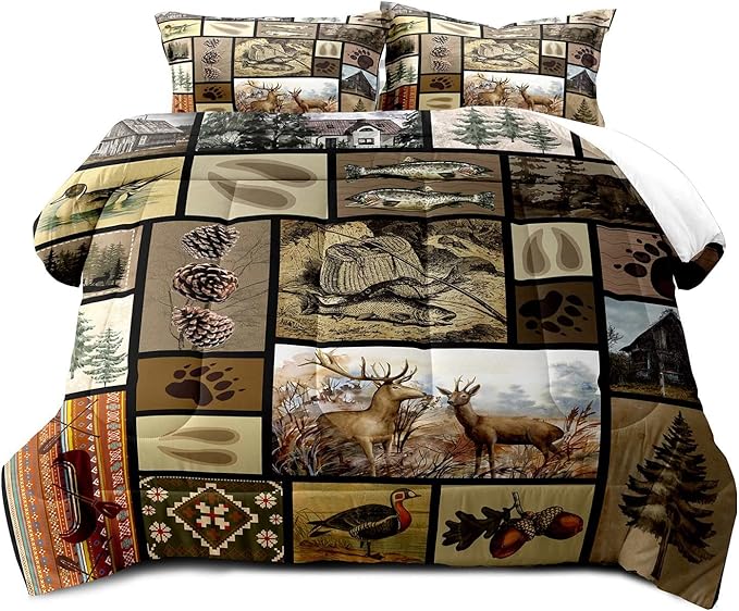 LUVIVIHOME 3PCS Rustic Lodge Comforter Set Full Size, Fish Bear Deer Cabin Bedding Set for Men, Forest Animals Elk Moose Duck Wildlife Hunting Fishing Farmhouse Country Patchwork Quilt, 2 Pillow Shams - LeafyLoom
