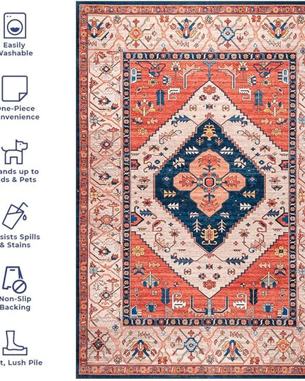 nuLOOM Carolyn Machine Washable Tribal Motif Ultra Thin Area Rug, 4' x 6', Rust - LeafyLoom