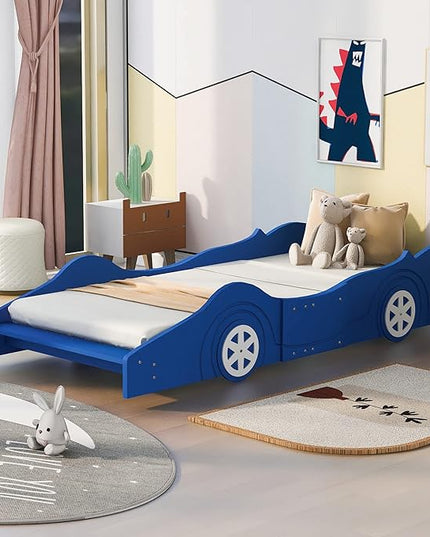 Car Shaped Toddler Bed with Wheels,Racecar Platform Beds W/Safety Guardrail,Slats Support,Stylish Design,Easy Assembly,Wood Twin Bedframe for Boys Toddlers Kids Teens Bedroom,Blue - LeafyLoom