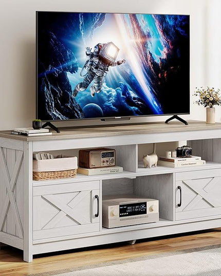 DWVO Farmhouse TV Console, TV Stand with Power Outlets for TVs up to 65 Inch, Entertainment Center Mid Century Modern TV Cabinet, Rustic Media Console Table for Living Room, Grey White/Grey Wash - LeafyLoom
