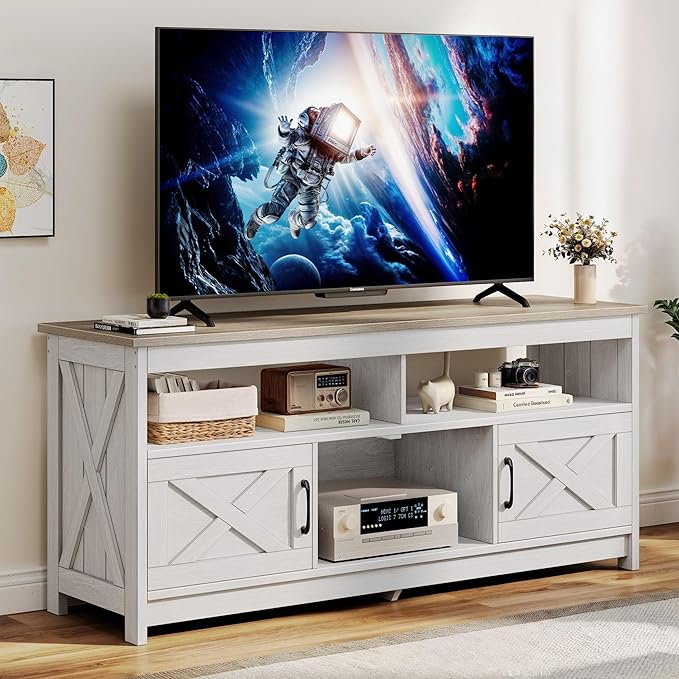 DWVO Farmhouse TV Console, TV Stand with Power Outlets for TVs up to 65 Inch, Entertainment Center Mid Century Modern TV Cabinet, Rustic Media Console Table for Living Room, Grey White/Grey Wash - LeafyLoom