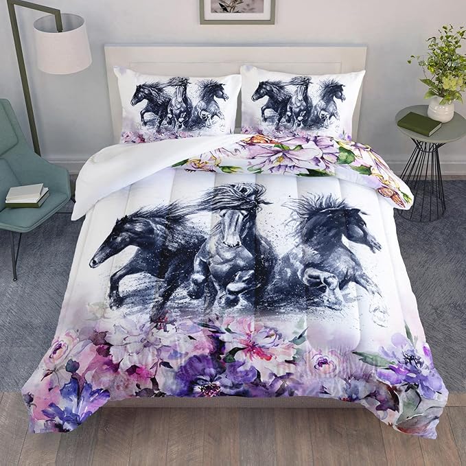 Kid Galloping Horse Comforter Set Room Purple Floral Animal Theme Handsome Horse Bedding Set for Boys Girls Adult, 1 Comforter + 2 Pillowcases - LeafyLoom