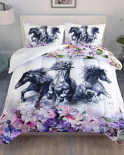 Kid Galloping Horse Comforter Set Room Purple Floral Animal Theme Handsome Horse Bedding Set for Boys Girls Adult, 1 Comforter + 2 Pillowcases - LeafyLoom