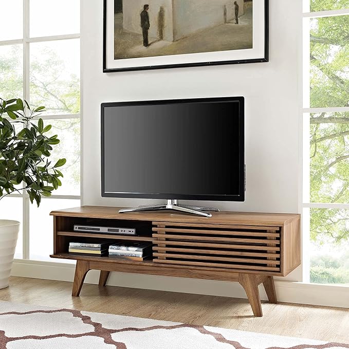 Modway Render 48" Mid-Century Modern Low Profile Media Console TV Stand, 48 Inch, Walnut - LeafyLoom