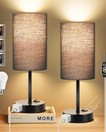 ZJOJO Desk Lamps Set of 2 Table Lamp, Bedside Lamps with 3-Color Modes, AC Outlet, Linen Round Lampshade Nightstand Lamp for Livingroom Nightstand Office Reading Working - LeafyLoom
