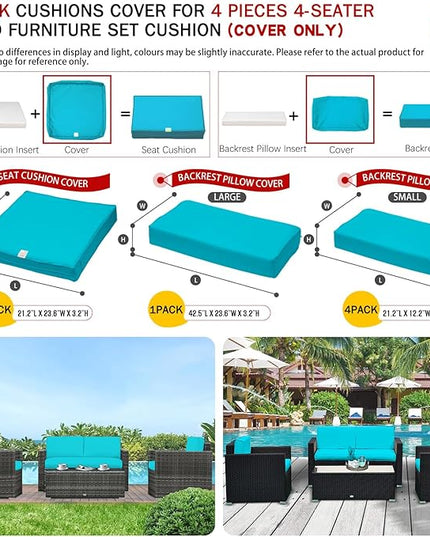 ClawsCover 7Pack Outdoor Seat and Back Cushions Replacement Covers Fits for 4-Seater 4Pieces Wicker Rattan Patio Conversation Set Sectional Couch Chair Furniture,Turquoise-Include Cover Only - LeafyLoom