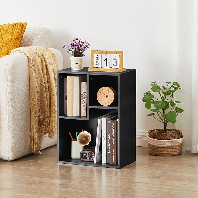 VECELO 3-Cube Bookshelf, Fits Tallest Hardcovers, Horizontal Available, Modern Bookcase, Cubby Storage Organizer for Small Space, Bedroom, Living Room,Black - LeafyLoom