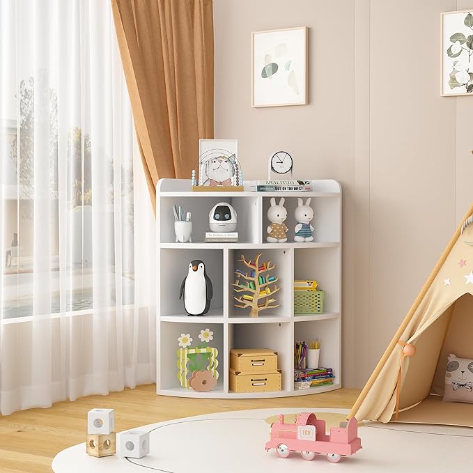Vecelo 3-Tier Corner Cabinet with 8 Cubbies, Wooden Cube Storage Organizer, Modern Bookshelf Units for Playroom, Bedroom, Living Room,Pearl White - LeafyLoom