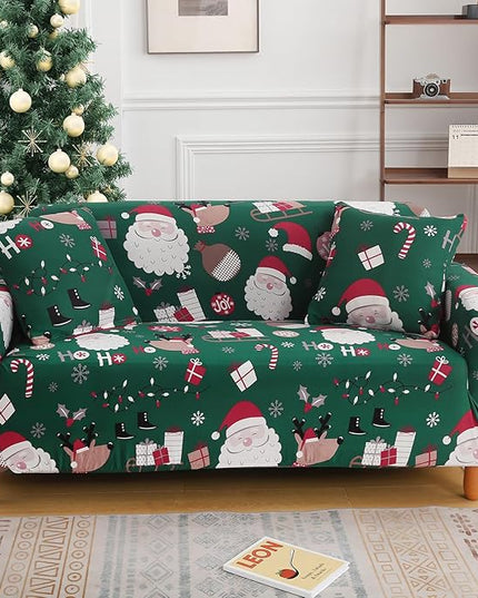 Mybedsoul Christmas Sofa Cover Santa Claus Printed Sofa Couch Cover Washable Furniture Protector with Elastic Bottom Xmas Home Room Festival Decoration(2 Seater/Loveseat) Mybedsoul