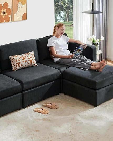 Sweetcrispy Convertible Modular Sectional Sofa, 5 Seat Sectional Couches for Living Room, L-Shaped Modern Fabric Modular Sofa Sleeper with Double Chaise for Home, Apartment, Dorm, Dark Grey - LeafyLoom