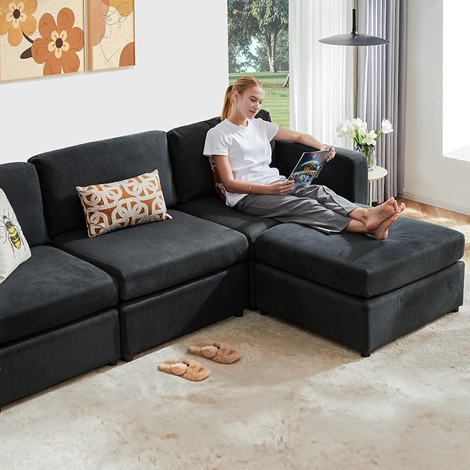 Sweetcrispy Convertible Modular Sectional Sofa, 5 Seat Sectional Couches for Living Room, L-Shaped Modern Fabric Modular Sofa Sleeper with Double Chaise for Home, Apartment, Dorm, Dark Grey - LeafyLoom