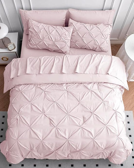 LANE LINEN Full Size Bed Set, 7 Piece Full Size Bed in a Bag Set, Soft Bedding Sets Full Size, Pintuck Full Bed Set, Full Size Comforter Sets for Girls with Sheets, Pillowcases & Shams - Sepia Rose - LeafyLoom