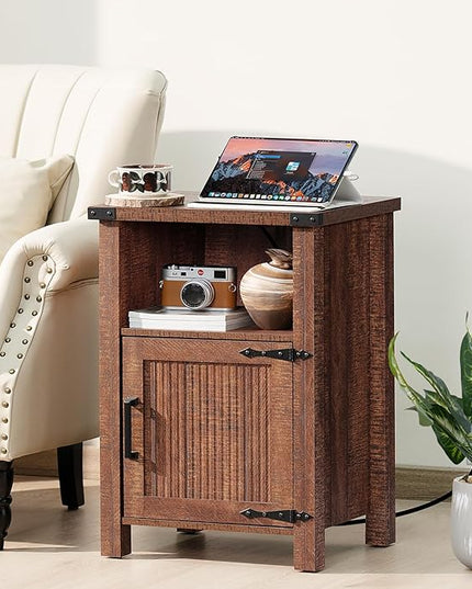 Night Stand with Charging Station and USB Port, 18 Inch Farmhouse Nightstand with Storage Shelf, Rustic Wood Bedside Table with Magnetic Door, Bed Side Tables for Bedroom, Reclaimed Barnwood - LeafyLoom
