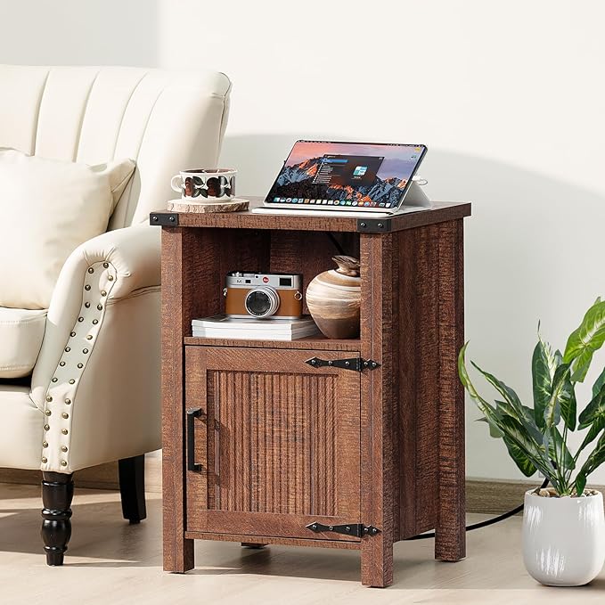 Night Stand with Charging Station and USB Port, 18 Inch Farmhouse Nightstand with Storage Shelf, Rustic Wood Bedside Table with Magnetic Door, Bed Side Tables for Bedroom, Reclaimed Barnwood - LeafyLoom