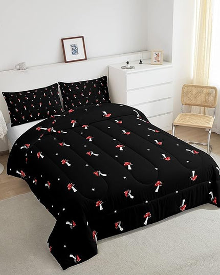 Cute Mushroom Comforter Set Full Size Kid Cartoon Bedding Set Red Mushroom Kawaii Reversible Duvet Set Types of Mushrooms Comforter Cute Wild Species Comforter Set for Bedroom Decor, Black - LeafyLoom