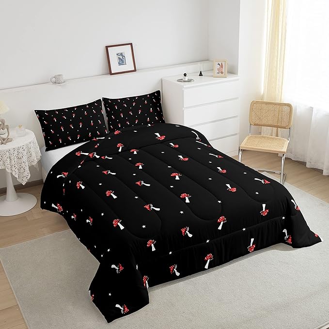 Cute Mushroom Kawaii Comforter Set Queen Kid Cartoon Bedding Set Red Mushroom Duvet Set Farmhouse Botanical Reversible Quilt Set Lovely Natural Wild Plants Comforter Set For Bedroom Decor, Black - LeafyLoom