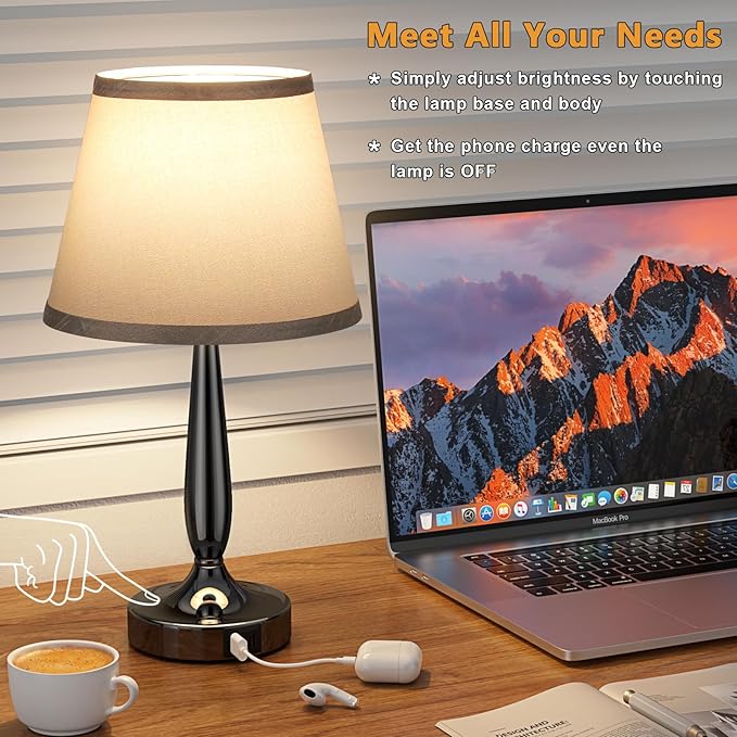 Kakanuo Touch Table Lamp for Bedroom, Small Bedside Lamp with USB C Charging Port, 3 Way Dimmable Touch Control Nightstand Lamp for Living Room and Office, LED Bulb Included - LeafyLoom