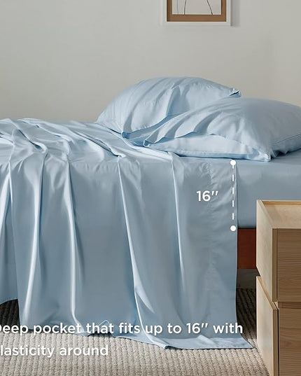 Bedsure California King Sheet Sets, Cooling Sheets, Rayon Derived from Bamboo, Deep Pocket Up to 16", Breathable & Soft Bed Sheets, Hotel Luxury Silky Bedding Sheets & Pillowcases, Teal Blue - LeafyLoom