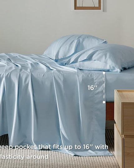 Bedsure Queen Sheets, Rayon Derived from Bamboo, Queen Cooling Sheet Set, Deep Pocket Up to 16", Breathable & Soft Bed Sheets, Hotel Luxury Silky Bedding Sheets & Pillowcases, Teal Blue - LeafyLoom