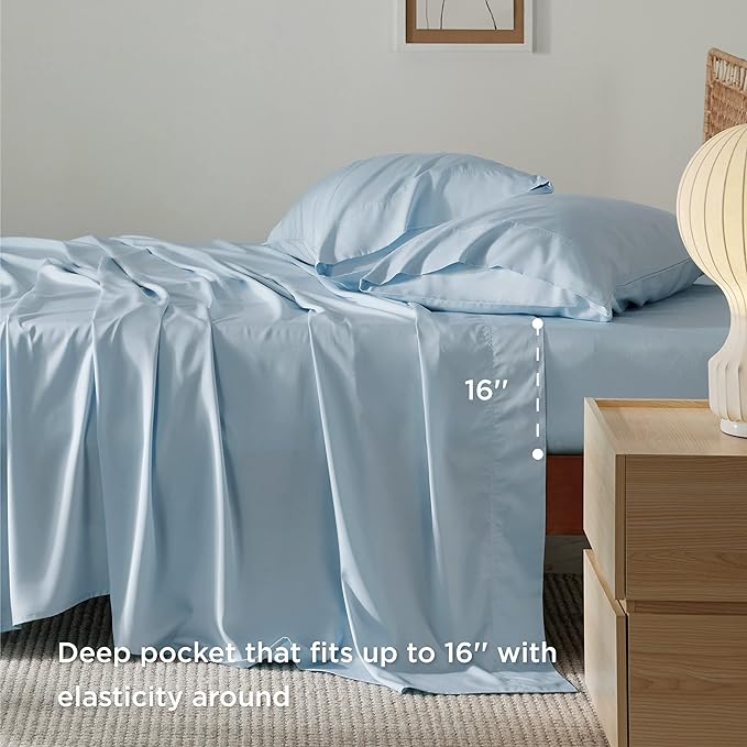 Bedsure Queen Sheets, Rayon Derived from Bamboo, Queen Cooling Sheet Set, Deep Pocket Up to 16", Breathable & Soft Bed Sheets, Hotel Luxury Silky Bedding Sheets & Pillowcases, Teal Blue - LeafyLoom