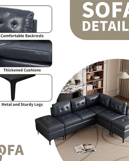 94.88" PU Leather L Shaped Sofa with Reversible Chaise Lounge, Storage Ottoman, Button Tufted Backrest&Cushion, 6-Seater Upholstered Corner Sectional Couches for Living Room Office Apartment - LeafyLoom