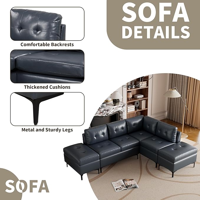 94.88" PU Leather L Shaped Sofa with Reversible Chaise Lounge, Storage Ottoman, Button Tufted Backrest&Cushion, 6-Seater Upholstered Corner Sectional Couches for Living Room Office Apartment - LeafyLoom