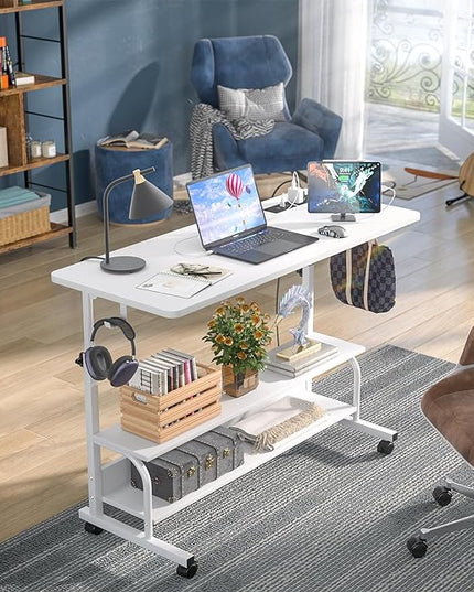 Height Adjustable Standing Desk with Power Outlets, 39" Manual Stand Up Desk with Storage Shelves Small Mobile Rolling Computer Desk Portable Laptop Table with Wheels for Home Office, White - LeafyLoom