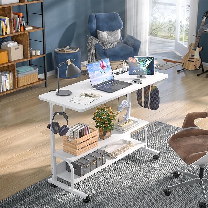 Height Adjustable Standing Desk with Power Outlets, 39" Manual Stand Up Desk with Storage Shelves Small Mobile Rolling Computer Desk Portable Laptop Table with Wheels for Home Office, White - LeafyLoom